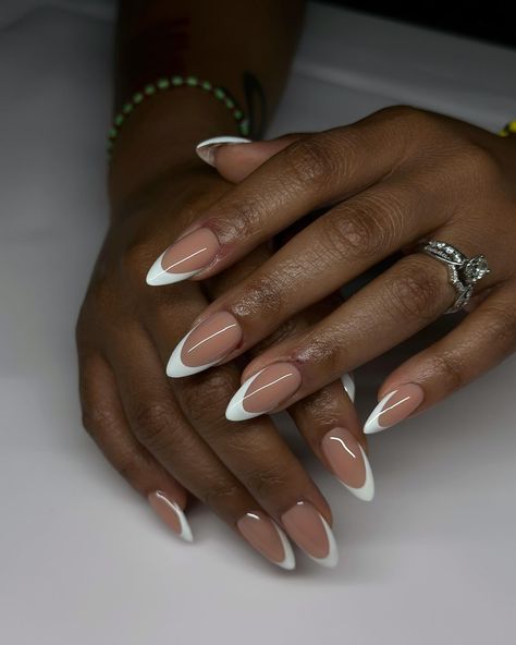 Happy Friday 🫂 #dovenailsbysharon Black Hands Nails, Nude French Tip Acrylic Nails, French Tip Black Women, Long Almond French Tip Nails, Nails On Black Women, French Tip Black, Minimalist Manicure, Nail Poses, Drippy Nails