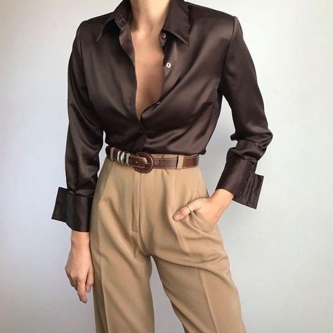 Dark Academia Fashion Women, Silk Shirt Outfit, Chocolate Shirt, Chocolate Clothes, Liquid Satin, Dark Academia Fashion, Academia Fashion, Camel Coat, Winter Trends