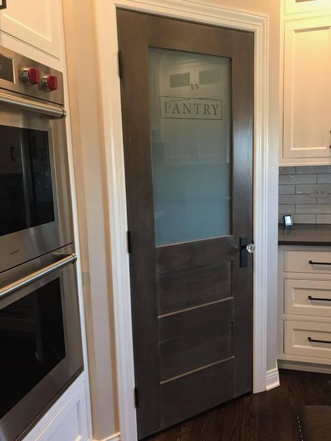 Frosted Glass Pantry Door Farmhouse, Frosted Pantry Door Kitchens, Frosted Pantry Door, Frosted Glass Pantry Door, Sliding Door Room Dividers, House Finishes, Wooden Pantry, Dream Pantry, House Pantry