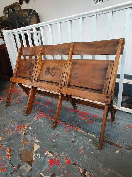 Set Of Antique Edwardian Folding Theatre/Cinema Seats In Elm & Oak. Vintage/Industrial/Retro | Vinterior Hall Chairs, Cinema Seats, Hall Chair, Chairs For Sale, Vintage Industrial, Vintage Antiques, Outdoor Furniture, Outdoor Decor, For Sale