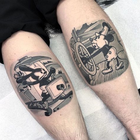 Oswald Tattoo, Old School Sleeve, Baker Tattoo, Jordan Baker, Colorful Tattoos, Artists Studios, Steamboat Willie, Large Tattoos, Body Modification