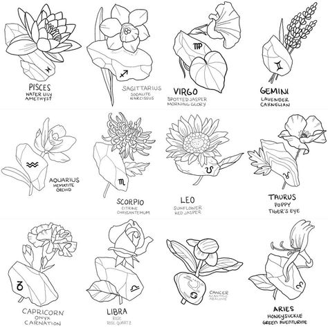 Each sign has its zodiac stone and zodiac flower. | Tattoo Ideas and Inspiration Zodiac Flower Tattoo, Zodiac Sign Tattoo Ideas, Zodiac Sign Tattoo, Lunar Flowers, Virgo Tattoo Designs, Mum Tattoo, Stone Tattoo, Flower Tattoo Ideas, Sign Tattoo