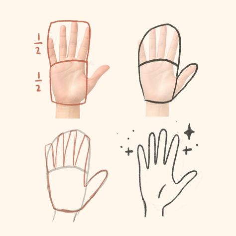 An easy way to draw hands is to think of them like mittens! And to remember that fingers form 50% and the palm the other 50% of the hand 🖐️🥊😊✨ I go a little more in depth in my Hands and Feet mini tutorial, which is part of my Starter Bundle which contains 15 of these mini tutorials (plus both my Procreate brush packs and most used color palettes)! Use INSTA10 for a lil bit off 🛒🥳 #drawingtips #drawingtipsandtricks #arttips #arttipsandtricks #drawingtutorial #drawingtutorials Hands Tutorial, الفن الرقمي, Draw Hands, Mini Tutorial, Picture Books Illustration, Art Tools Drawing, Arte Inspo, Cartoon Character Design, Drawing Lessons