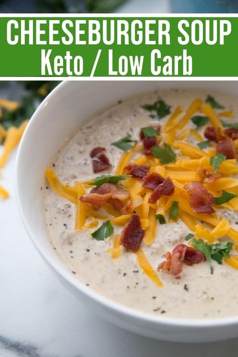 Keto Cheeseburger Soup is hearty, comforting and delicious. Low in net carbs, and so incredibly easy to make you'll want to make this soup again and again. This never-fail keto soup is sure to become a new family favorite./ keto soup recipe / keto recipes / low carb recipes #keto #lowcarb Keto Cheeseburger Soup, Cheeseburger Soup Recipe, Kasey Trenum, Keto Jalapeno, Keto Cheeseburger, Bacon Cheeseburger Soup, Popper Chicken, Cheese Burger Soup Recipes, Brownies Chocolate