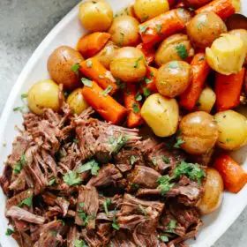 Instant Pot Pot Roast Recipe | Primavera Kitchen Roast Potatoes And Carrots, Beef Snacks, Cook Cabbage, Roast Carrots, Crock Pot Roast, Cabbage Potatoes, Cook Potatoes, Strip Steak Recipe, Venison Roast