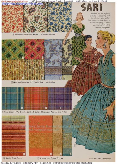 1956 Sears Spring Summer Catalog, Page 600 - Catalogs & Wishbooks Vintage Catalog, Fashion Themes, Vintage Fabrics, Vintage Linens, Portfolio Design, Vintage Fashion, Spring Summer, Fabric