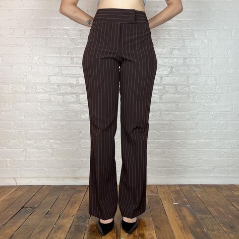 2000s Vintage Dark Chocolate Brown Tan Pinstripe... - Depop Brown Pinstripe Pants Outfit, Brown Pinstripe Pants, Pinstripe Pants Outfit, Tan Trousers, Brown Pinstripe, Winter Styles, Pinstripe Pants, Business Pants, Dark Chocolate Brown