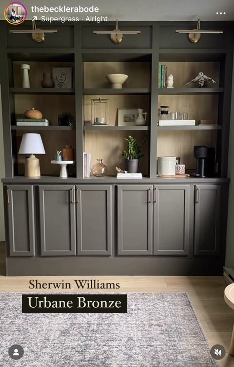 Charcoal Gray Built Ins, Urban Bronze Built Ins, Moody Grey Paint Colors, Home Library Paint Colors, Paint Built In Bookcase, Urban Bronze Office, Urbane Bronze Built Ins, Griffin Sherwin Williams, Built In Paint Colors