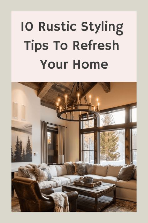 10 rustic styling tips for your home featuring a cozy living room with a wooden ceiling, modern chandelier, and large windows. Rustic Family Room, Cozy Textiles, Stone Fireplace Surround, Rustic Home Decor Ideas, Wallpaper Walls Decor, Outdoors Inside, Vintage Living Room, Living Room Windows, Refresh Your Home