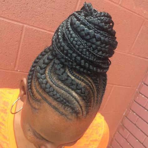 High Black Braided Bun                                                                                                                                                                                 More Braided Hairstyles In Bun, Cornrow Top Bun, Natural Hair Braids Updo, Braided Hairstyles Updo For Work, Cornrow Braid Bun Styles, Cornrows Updo Bun, Braided Up Do For Black Women, Updo Braided Hairstyles For Black Women, Goddess Braids Bun