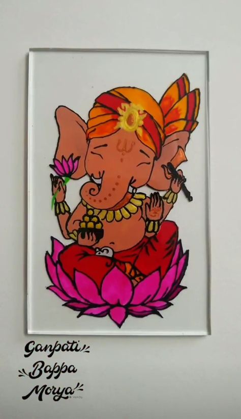 Ganesha glass painting Ganesha Glass Painting, Glass Painting Ideas, Ganapati Bappa, Indian Art Paintings, Ganesh Chaturthi, Indian Art, Glass Painting, Ganesha, Painting Ideas