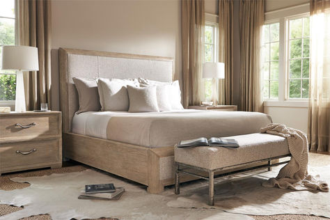 The Aventura panel bed builds on familiar forms with a fresh, modern update for a look with bright, casual sophistication. Inset upholstered panels highlight the headboard and the low footboard. The Marcona finished wood frame adds dimension and a rustic style. Bernhardt Furniture Bedroom, Bed King, Upholstered Panel Bed, King Bed Frame, Bernhardt Furniture, Bedroom Panel, Upholstered Panels, Upholstered Bench, California Style