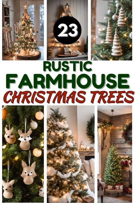 A rustic farmhouse Christmas tree decorated with burlap, wooden ornaments, and warm white lights for a cozy holiday ambiance. Rustic Plaid Christmas Tree, Simple Rustic Christmas Tree Decorations, Rustic Christmas Tree Garland, Farmhouse Tree Christmas, Rustic Tree Decorating Ideas, Rustic Country Christmas Tree Ideas, Christmas Tree With Burlap Ribbon, Farmhouse Christmas Tree Decor Ideas, Rustic Farmhouse Christmas Tree Ideas