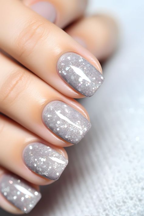 Gray Glitter Nail Designs, Grey Biab Nails, Silver Classy Nails, Silver Gray Nails, Grey And Glitter Nails, Autumn Glitter Nails, Winter Nails Gray, Nail Ideas Grey, Grey Sparkly Nails