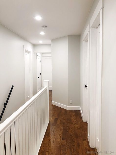 White Trim Light Gray Walls, All White Trim And Walls, Interior Paint With White Trim, White Doors And White Walls, White Floor White Walls, White Doors Grey Walls, White Trims And White Walls, Before And After Trim Painting, Light Walls With White Trim