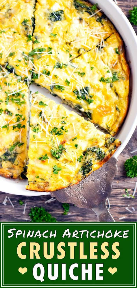 Spinach Artichoke Crustless Quiche recipe with artichokes makes for an easy and healthy make-ahead holiday breakfast or brunch. The combination of sautéed fresh spinach, chunks of artichoke hearts, crushed garlic, and a combo of cheeses will make you forget this quiche is crustless. Perfect for feeding a crowd for Easter or Mothers-Day.   #spinach #eggs #breakfast #lowcarb #quiche #frittata Spinach Crustless Quiche, Crustless Spinach Quiche, Crustless Quiche Recipe, Spinach Eggs, Spinach Quiche Recipes, Easter Food Appetizers, Mothers Day Dinner, Spinach Quiche, Eggs Breakfast