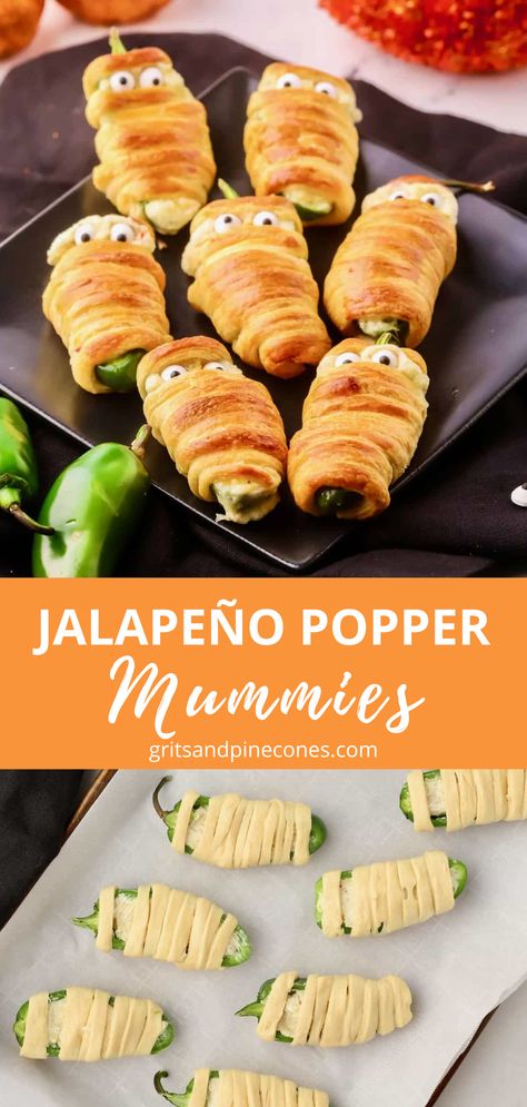 Mummy Peppers Halloween, Jalepeno Popper Halloween, Mummy Wrapped Jalapeno Poppers, Jalapeño Popper Mummies, Halloween Treats With Googly Eyes, Jalapeno Mummy Poppers, Spooky Jalapeno Poppers, Jalopena Poppers Mummy, Halloween Pepperoni Rolls