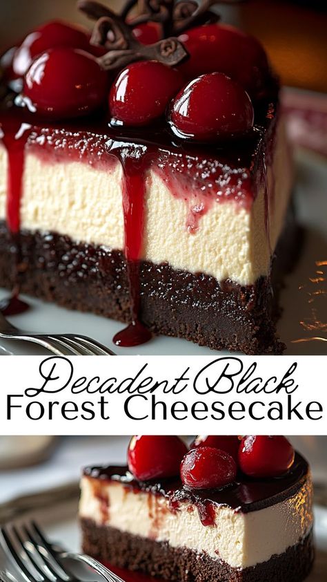 Enjoy this Rich Black Forest Cheesecake, combining chocolate cheesecake with a tart cherry topping. Ideal for fall or winter recipes, it’s a classic dessert with deep flavors and a beautiful presentation. Perfect for chocolate and cherry fans alike! Summer Christmas Dessert, Cherry Topping For Cheesecake, Holiday Cheesecake Recipes, Cheesecake Delight, Christmas Chocolate Desserts, Holiday Cheesecake, Cherry Recipes Dessert, Thanksgiving Sweets, Black Forest Cheesecake