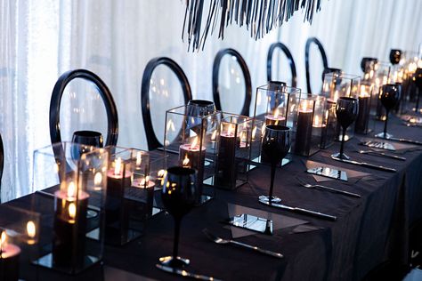 Male Dinner Party Decor, Masculine Dinner Party Decor, Black Party Centerpieces, Masculine Party Decor Centerpiece Ideas, Masculine Birthday Party Ideas, All Black Decorations Party, Black Centerpieces Birthday, Black And Purple Party Decorations, Black Dinner Party Decor