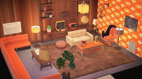 #animalcrossingnewhorizons #70s Animal Crossing Retro Room, Acnh Retro Room, Mid Century Modern Animal Crossing, Audie Acnh Home, Animal Crossing Retro Design, Retro Animal Crossing Island, Acnh Retro Island, Acnh Retro Designs, Retro Animal Crossing