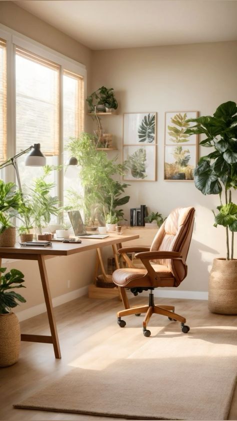 Cozy Plant Office, Office Cozy Design, Office Nature Design, Soft Office Design, Cozy Home Office Guest Room, Zen Home Office Decor, Rustic Small Office Ideas, Earthy Boho Office, Biophilic Interior Design Office