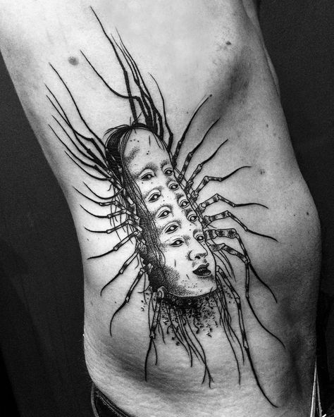 Jeanchoir - Sombre Tache - multiple masks centipede Arson Tattoo, Cosmic Horror Tattoo, Scary Tattoo Designs, General Tattoo, Drawing List, Hard Images, Monster Tattoo, Dynamic Wallpaper, Saved Tattoo