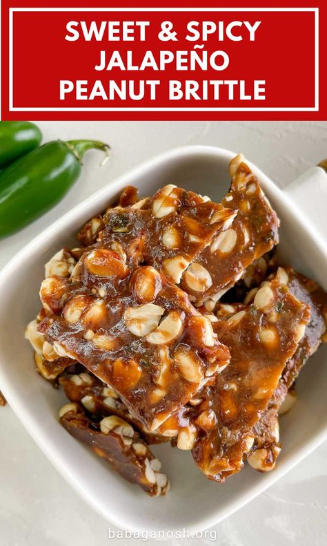 Spicy, sweet, crispy, crunchy, nutty, and so delicious! This Jalapeño Peanut Brittle is easy to make and has just 6 simple ingredients! Make this spicy homemade brittle, this recipe has just 15 minutes of prep and cook time. This is a great candy treat for the holidays or anytime of the year. This brittle is gluten-free and vegetarian. Jalapeño Peanut Brittle, Jalapeno Pecan Brittle Recipe, Jalapeno Peanut Brittle Recipe, Jalapeno Peanut Brittle, Walnut Brittle, Nougat Recipe, Peanut Brittle Recipe, Brittle Recipes, Jalapeno Recipes