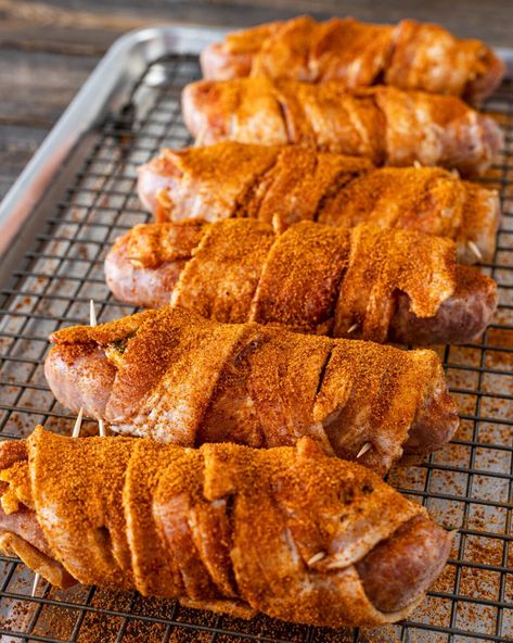 Bacon-Wrapped Sausage Popper Boats - Chiles and Smoke Sausage Boats, Creamy Pimento Cheese, Smoker Recipes Brisket, Pepper Boats, Bacon Wrapped Sausages, Pulled Chicken Sandwiches, Grilled Carrots, Avocado Deviled Eggs, Dry Rub Recipes