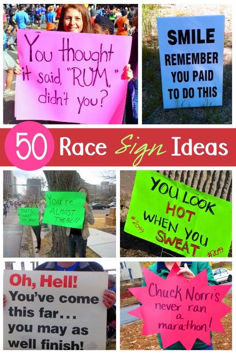 50 plus ideas for race signs from funny to motivational - marathon race signs for the best spectators! Marathon Spectator Signs, Funny Signs For Marathon Runners, Encouraging Signs For Runners, Marathon Encouragement Signs, Half Marathon Quotes Funny, Ironman Signs Funny, Running Posters Funny Marathon Signs, Signs For Marathon Runners, Best Marathon Signs