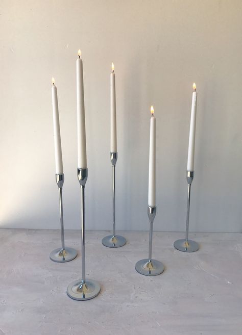 Long Candle Holder, Candle Ribbon, Silver Candle Holders, Long Candles, Buffet Ideas, Dinner Candle, Holiday Inspo, Mystery Dinner, Silver Candle