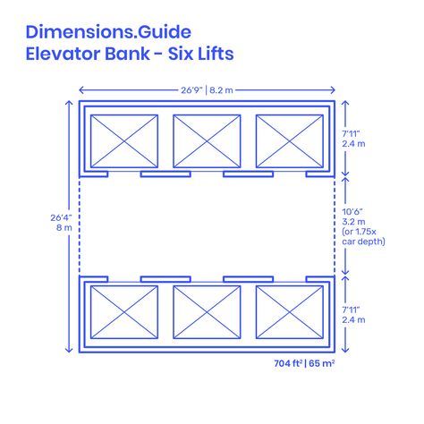 Six Lift Elevator Banks are medium to high capacity layouts used in buildings with large occupancy loads. Six Lift Elevator Banks have typical widths of 27’ | 8.2 m, depths of 27’ | 8.2 m, and overall areas around 704 ft2 | 65 m2. Downloads online #elevators #buildings #architecture #layouts #floorplan Bank Layout, Architect Data, Stair Plan, Office Floor Plan, Architecture Drawing Sketchbooks, Hotel Exterior, Vintage House Plans, Office Floor, Model House Plan