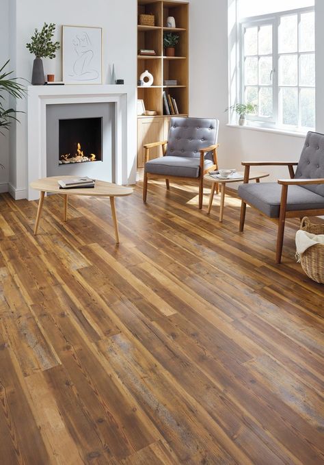 Vintage Pine rigid core flooring shown in a transitional living area adorned with midcentury modern furniture and modern fireplace; followed by a close-up angled image of the flooring. Vinyl Plank Flooring Colors, Pine Wood Flooring, Lvp Flooring, Oak Wood Floors, Flooring Trends, Hardwood Tile, Traditional Rustic, Luxury Vinyl Plank Flooring, Floor Colors