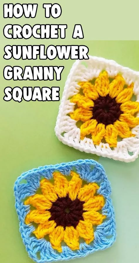 Crochet A Sunflower, Flower Granny Square Pattern, Crocheted Sunflower, Crochet Flower Granny Square, Crochet Flower Granny Square Pattern, Sunflower Granny Square, Granny Square Pattern Free, Sunflower Crochet, Flower Granny Square