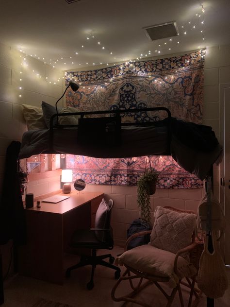 Dark Academia Loft Bed, Dorm Room Ideas Goth, College Dorm Room Ideas Goth, Basement Rooms Bedrooms, Dorm Room Ideas Bunkbeds, Loft Bed Dorm Room Ideas, Room Ideas Bunk Beds Aesthetic, Loft Bed Decor Ideas, Cute Loft Bed Ideas