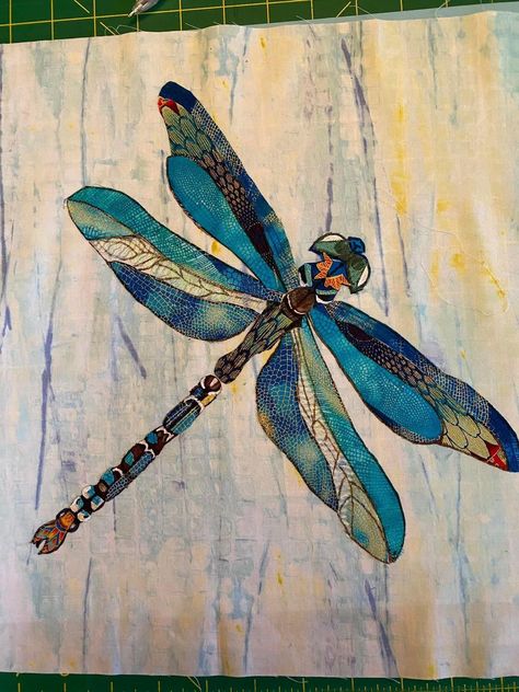 Fabric Collage Patterns. | An update on my dragonfly Dragonfly Quilts Ideas, Dragonfly Textile Art, Dragonfly Applique Pattern, Fabric Collage Patterns, Dragonfly Collage, Fabric Insects, Fabric Dragonfly, Appliqué Pillows, Dragonfly Applique