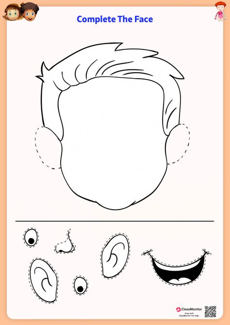 My Face Crafts For Toddlers, Human Body Activities For Toddlers, Eyes Ears Nose Mouth Printables, Human Body Worksheets For Kids, My Face Worksheet For Kids, Face Parts For Kids, Drawing Ears, Face Parts, Draw A Face