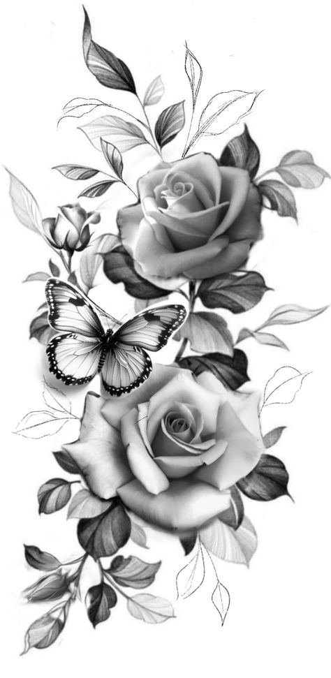 Roses With Butterfly Tattoo, Rose And Butterfly Tattoo Thigh Piece, Fine Line Butterfly Tattoo Design, Rose Butterfly Tattoo Design, Butterfly And Roses Tattoo, Flowers And Butterflies Tattoos, Roses And Butterfly Tattoo, Rose And Butterfly Tattoo Design, Butterfly And Flower Tattoo Designs