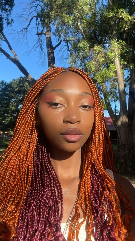 Half Different Color Box Braids, Half Done Braids, Copper And Blonde Box Braids, Two Colour Box Braids, Red And Orange Box Braids, Half Red Half Black Box Braids, Orange And Blue Braids, Dark Orange Braids, Burgundy And Ginger Braids