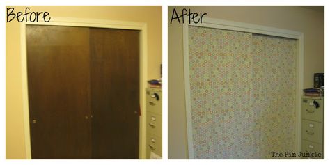 Easy way to update ugly closet doors - cover them with fabric. Closet Door Ideas, Louvered Door, Diy Closet Doors, Door Makeover Diy, Ideas Closet, Closet Door Makeover, Bathroom Decor Themes, Sliding Closet, Sliding Closet Doors