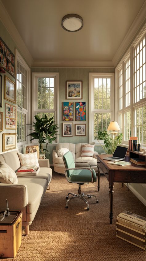 Design a cozy sunroom office that promotes relaxation and productivity. Use cozy room decor and plenty of natural light to create an inviting atmosphere. Add storage solutions for an organized workspace. #sunroom #homeofficesetup #cozyroomdecor #officecolors #homeofficeideas #officeorganization #decoration #cozyhomeoffice #officeinspo #officeorganizationtips French Style Sunroom, Small Sunroom Dining Room Ideas, Sunroom Office Ideas Layout, Small Cozy Sunroom, Sunroom Living Room Combo, Small Sunroom Office Ideas, Cozy Office Design, Relaxing Sunroom Ideas, Sitting Room Office Combo