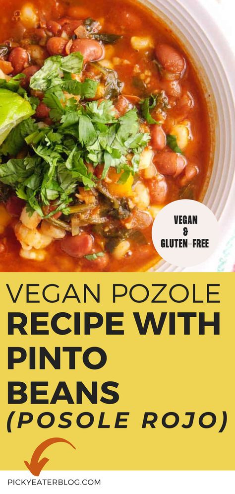 Posole Recipe Vegetarian, Pasole Recipe Vegan, Vegetarian Hominy Recipes, Hominy Recipes Vegan, Vegan Pozole Verde, Vegan Pozole Rojo, Vegetarian Menudo Recipe, Posole Vegetarian, Meals With Pinto Beans