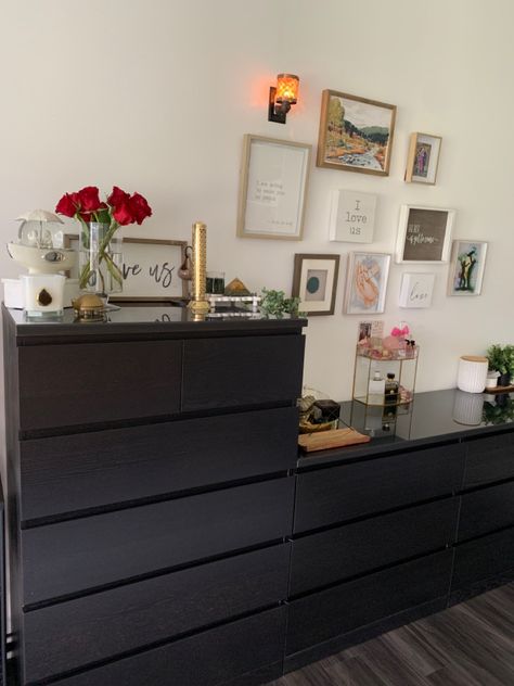 Black Malm Dresser Hack Bedroom, Black Malm Dresser, Ikea Malm Black, Ikea Malm Nightstand Black, Ikea Malm Dresser Bedroom Black, Malm Bedroom, Ikea Black, Black Gold Bedroom, Lux Decor