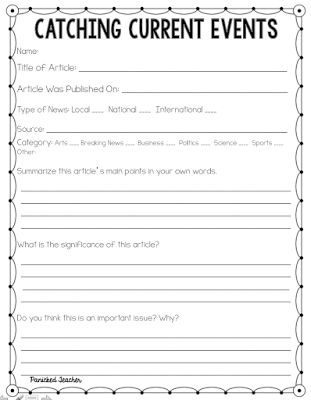 Free template for students to use with any article in order to prepare them to SHARE a CURRENT EVENT article with the classroom! Current Events Activities, Current Events Worksheet, News Letters, Articles Worksheet, 4th Grade Social Studies, 6th Grade Social Studies, 5th Grade Social Studies, Brain Supplements, Teacher's Blog