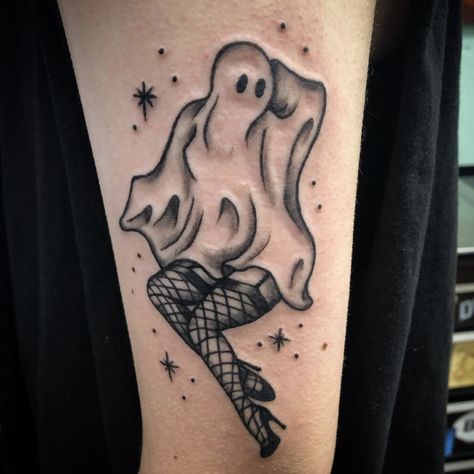 Peewee Tattoo, Ghost With Fishnets Tattoo, Ghost In Fishnets Tattoo, Pin Up Ghost Tattoo, American Traditional Ghost Tattoo, Lady Ghost Tattoo, Ghost Woman Tattoo, Ghost Lady Tattoo, Halloween Pin Up Tattoo