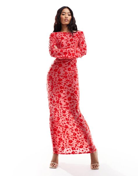 ASOS DESIGN sheer burnout maxi dress with angel sleeves in red | ASOS Orange Dress Outfits, Red Mesh Dress, Asos Outfit, Angel Sleeves, High Street Fashion, Mesh Maxi Dress, Angel Sleeve, Womens Floral Dress, Asos Dress