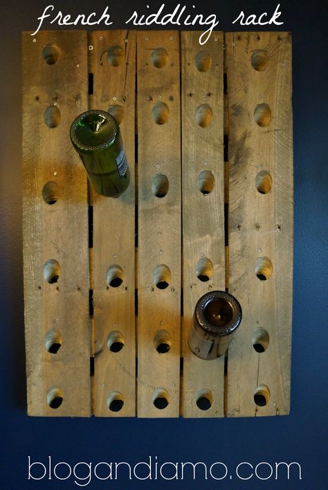 diy riddling rack | you're what the french call... Riddling Rack, Free Pallets, Empty Wine Bottles, French Wine, Diy Wine, Easy Projects, Wood Pallets, Wine Rack, Pottery Barn