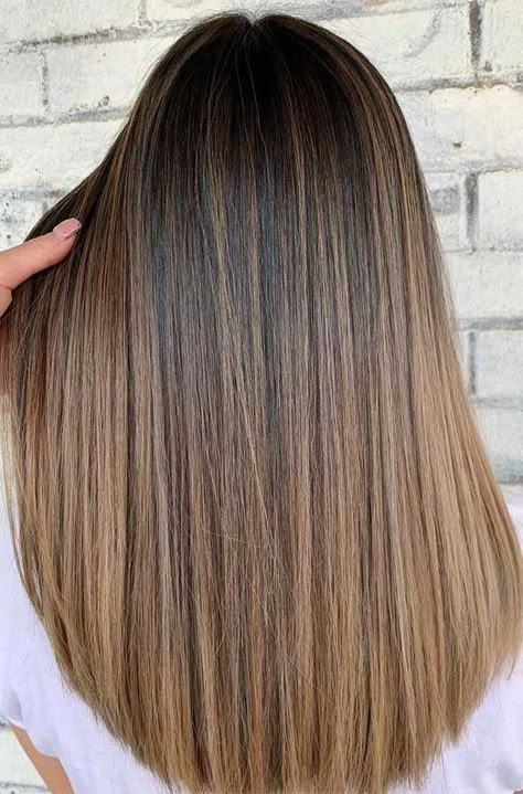 Honey Brown Straight Hair, How To Go From Brunette To Blonde, Brunette Balayage Straight Hair, Straight Brown Hair With Highlights, Aesthetic Balayage, Rose Highlights, Aesthetic Honey, Balayage Medium, Light Balayage