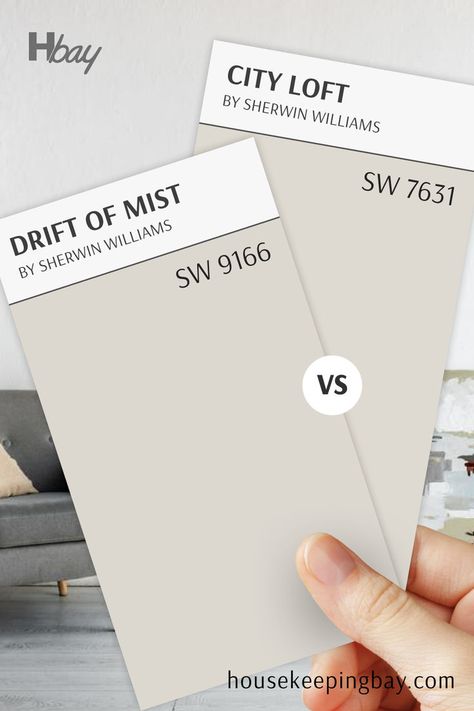 City Loft SW 7631 vs Drift of Mist SW 9166 City Loft Vs Agreeable Gray, City Loft Sw, Loft Kitchens, Drift Of Mist, Worldly Gray, Pale Oak, City Loft, Neutral Backdrop, Repose Gray