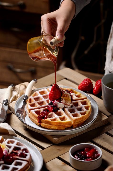 Waffle Food Photography, Waffles Food Photography, Waffle Photography, Waffles Photography, Food Photography Lighting Setup, Food Photography Dessert, Creative Breakfast, Breakfast Photography, Strawberry Waffles