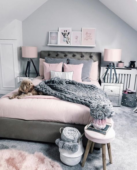 Dark Grey And Pink Bedroom, Bedroom Ideas Pink And Grey, Pink Grey And White Bedroom, Pink Fluffy Rug, Grey And Pink Bedroom Ideas, Grey Bed Frame Bedroom Ideas, Pink Grey Bedroom, Pink And Gray Bedroom, Bedroom Ideas Chic